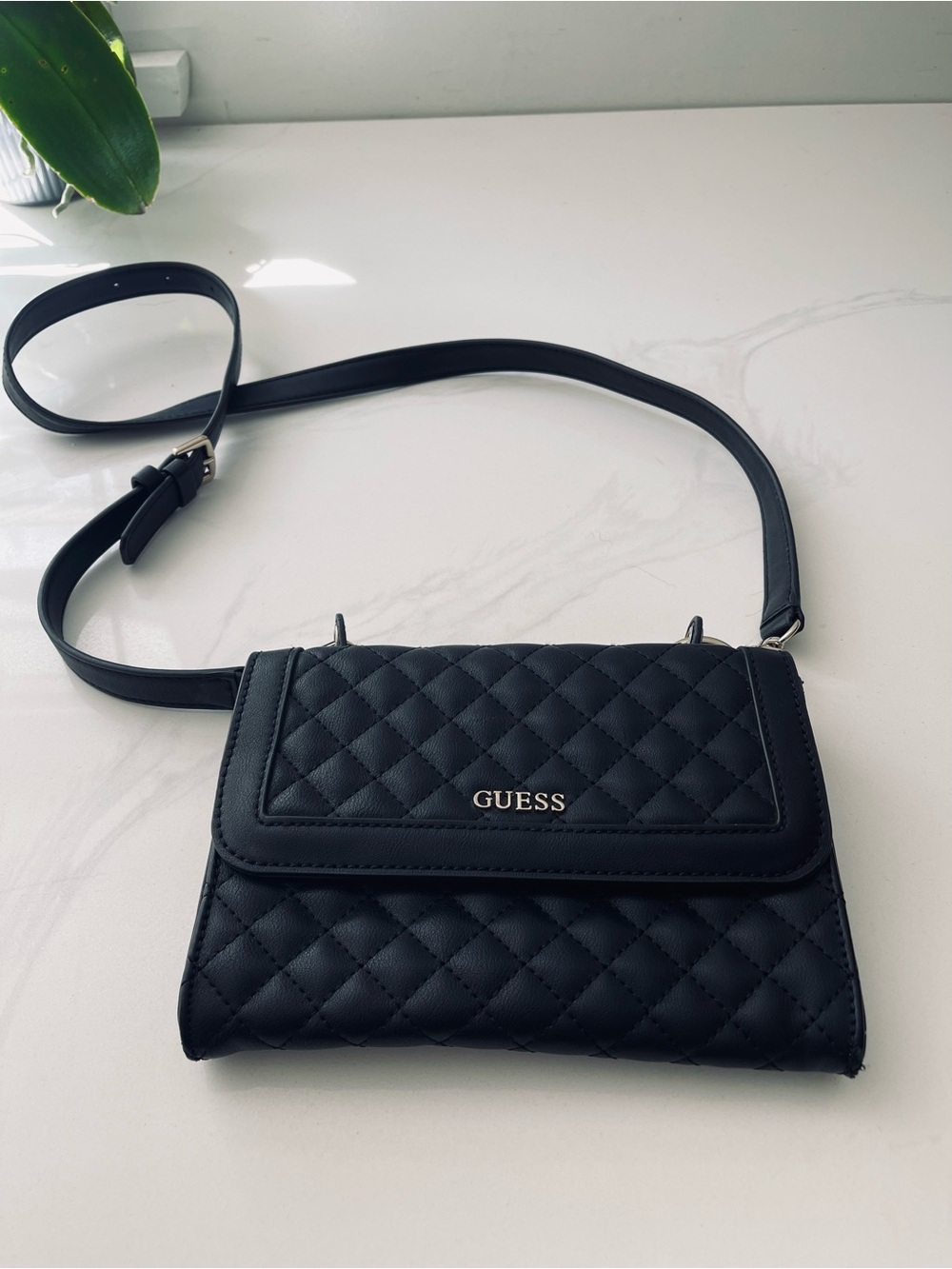 Guess Black Quilted Crossbody with Gold Logo Plate